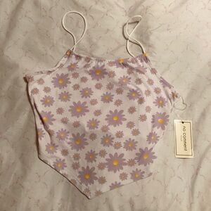 4/$15 🌻 NWT No Comment Size L White with Purple Flower Print Crop Top Tank